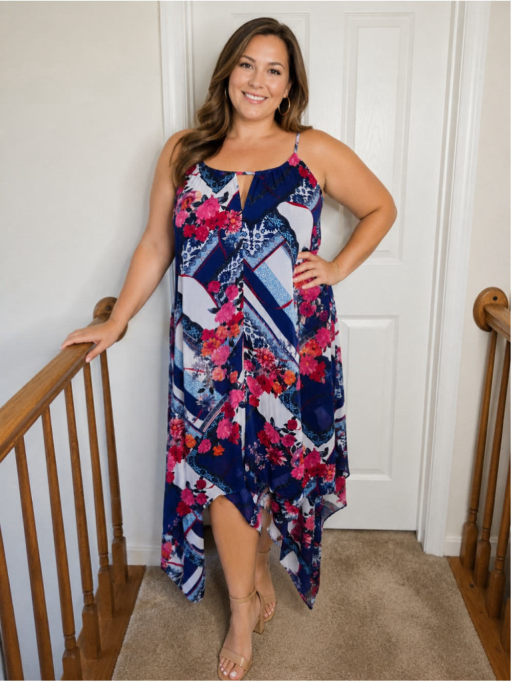INC Asymmetrical Scarf Handkerchief Hem Blue Pink White Floral Dress Sz 2X NWT